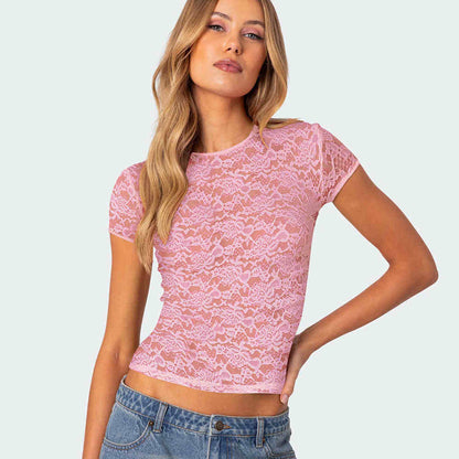 Women's Round Neck Lace Short Sleeve Slim Top