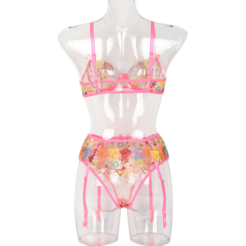 Embroidery Heavy Craft Floral Mesh Underwear Gathering Three-piece Set