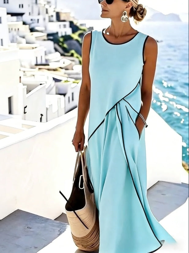 Vacation Style Contrast-Piped Sleeveless Maxi Dress
