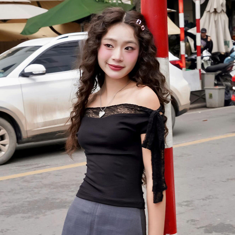 Solid Color Off-neck Sexy Lace Stitching Top