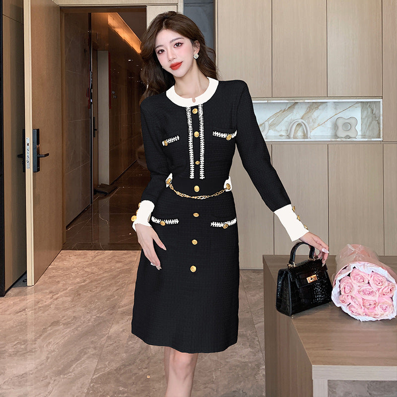 Womens Casual Crew-Neck Knitted Dress With Buttons