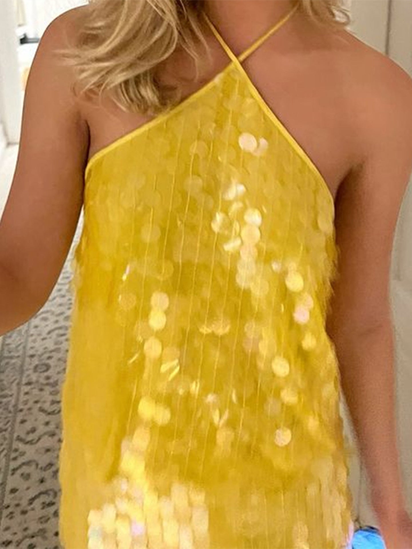 Women's Vibrant Yellow Sequin Halter Neck Camisole Top