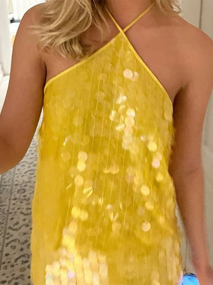 Women's Vibrant Yellow Sequin Halter Neck Camisole Top