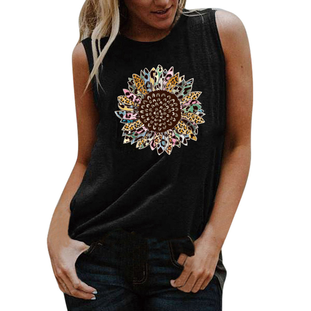 Printed Round Neck Casual Sleeveless T Shirt