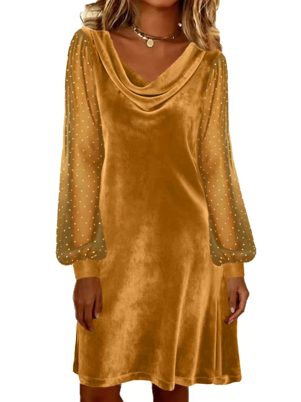 Womens Solid-Color V-Neck Mesh Dress