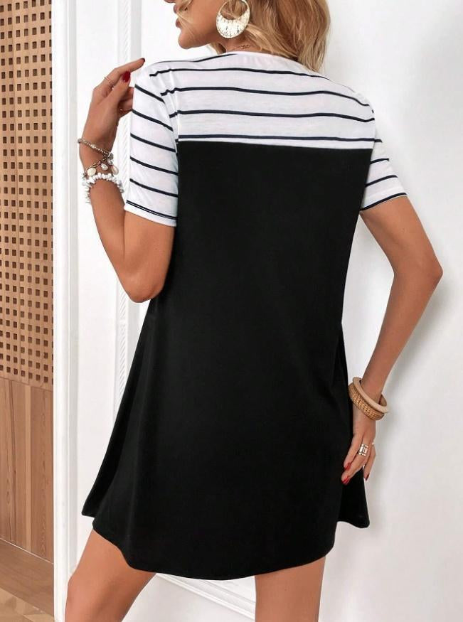 New Womens Summer Casual Crew Neck Short Sleeve Striped Dress