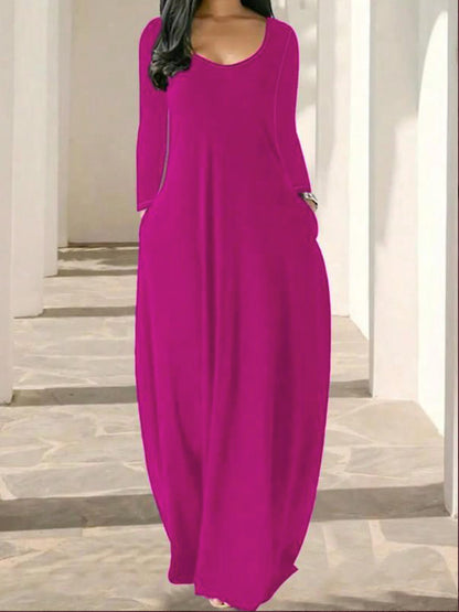 Womens Solid-Color Crew-Neck Long-Sleeve Dress With Pockets