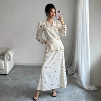 New V-neck Puff-sleeved Waist-cinched Satin Dress With A Cherry Print