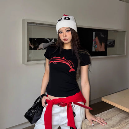 Dolphin Printing Shoulder Short-sleeved T-shirt Slim Fit Skinny Top