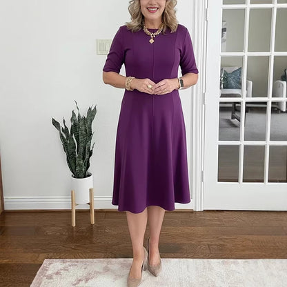 Womens Solid-Color Crew-Neck Short-Sleeve Dress