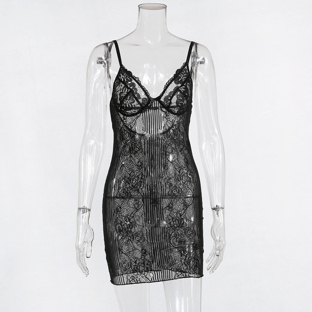 Midnight Temptation Sexy Sling Underwear Lace See-through Lace Bag Hip Pajamas Dress
