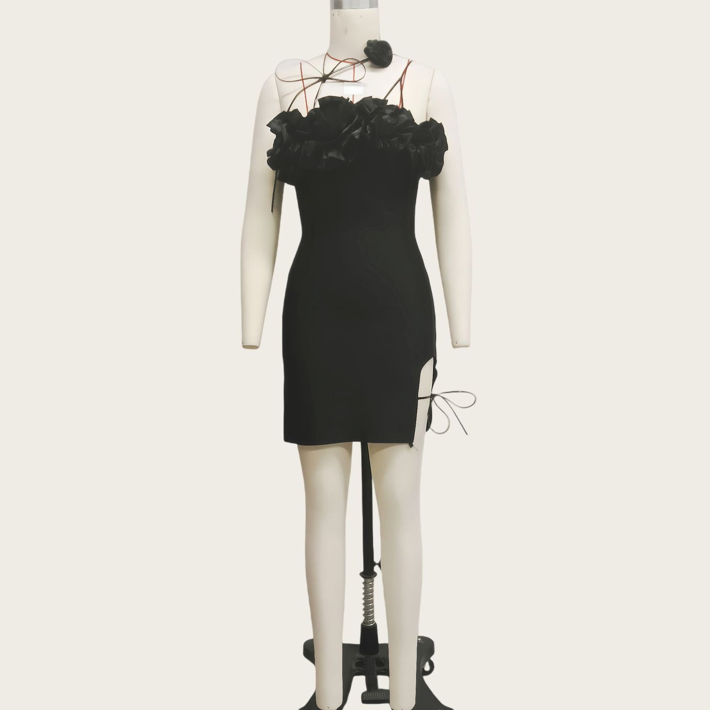 Womens Rose Leather Cord Lace-Up High-End Satin Floral Tube Dress
