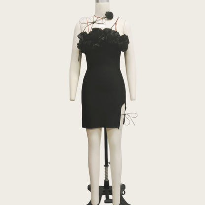 Womens Rose Leather Cord Lace-Up High-End Satin Floral Tube Dress