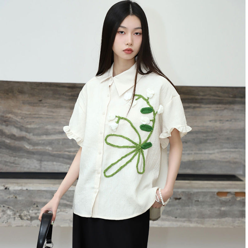 Women's Spring Hand-knitted Floral Decorations Short Sleeve Shirt Top