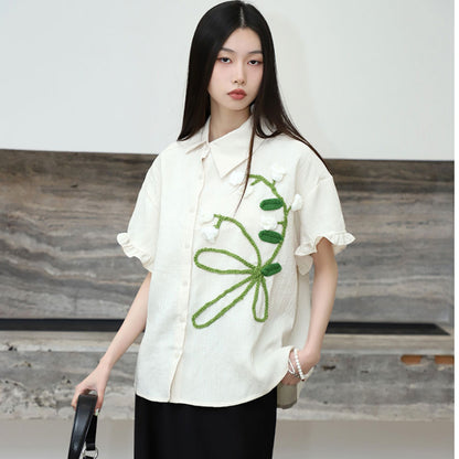 Women's Spring Hand-knitted Floral Decorations Short Sleeve Shirt Top
