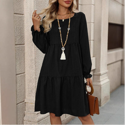 Womens Solid-Color Crew-Neck Casual All-Match Dress