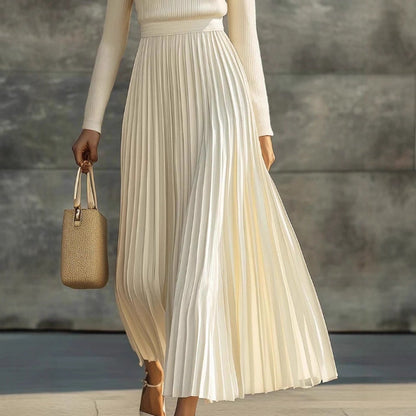 Elegant Casual And Comfortable Long-sleeve Satin Knit Pleated Maxi Dress