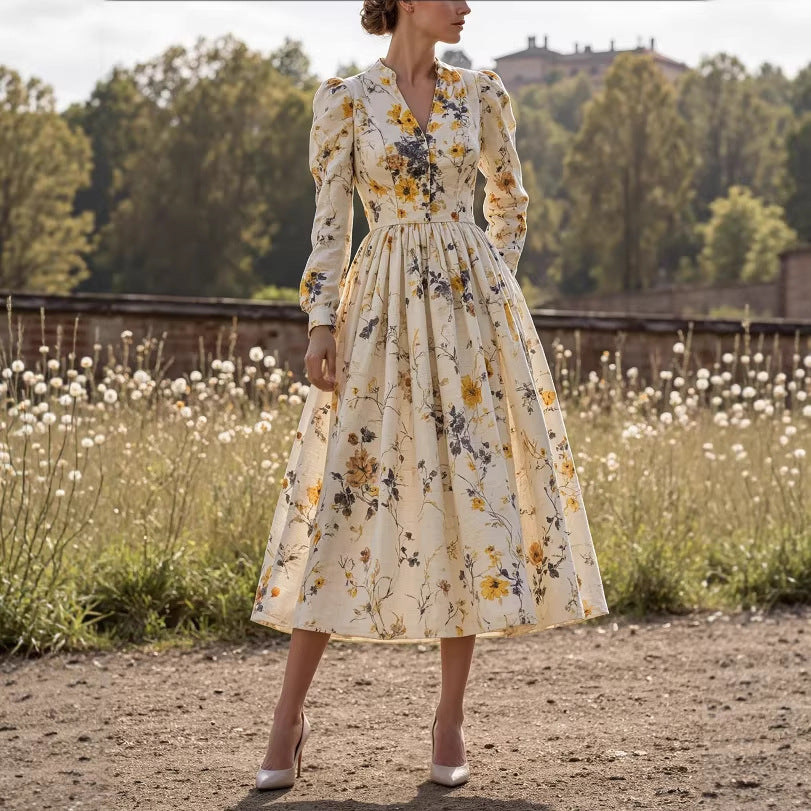 Retro casual V-neck printed long-sleeved women's dress