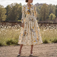 Retro casual V-neck printed long-sleeved women's dress