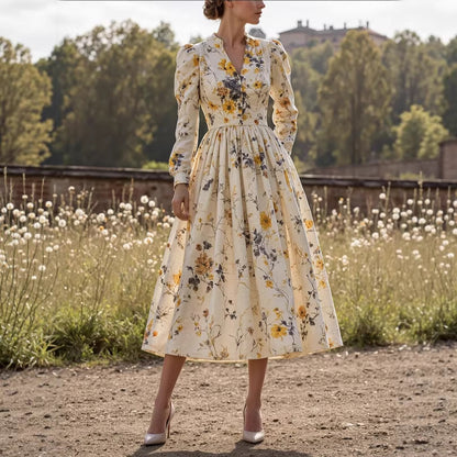 Retro casual V-neck printed long-sleeved women's dress