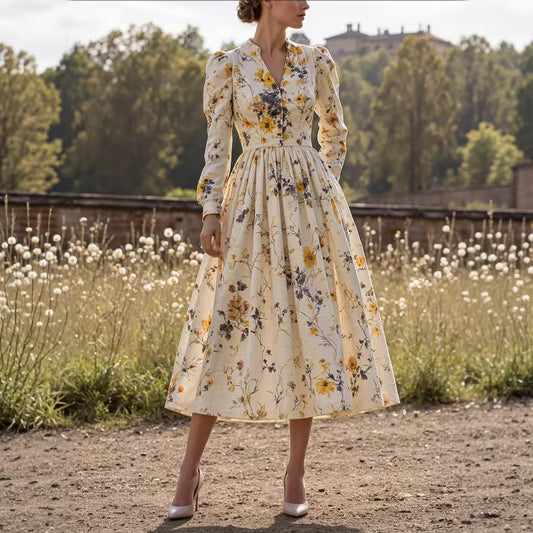 Retro casual V-neck printed long-sleeved women's dress