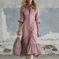 Elegant Early Spring Womens Midi Faux Denim Skirt With Plaid Trim And Short Sleeves
