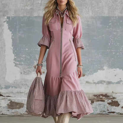 Elegant Early Spring Womens Midi Faux Denim Skirt With Plaid Trim And Short Sleeves