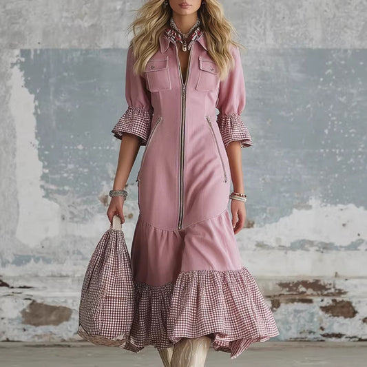 Elegant Early Spring Womens Midi Faux Denim Skirt With Plaid Trim And Short Sleeves