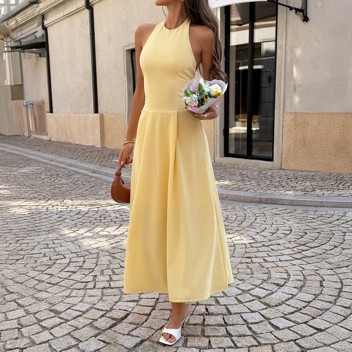 SpringSummer European And American-style Elegant Halter-neck Sleeveless Waist-cinching A-line Dress