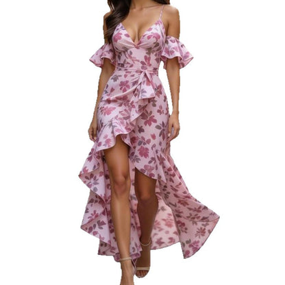 Womens Sexy Sleeveless Strap Dress With Floral Print And Halter Neck