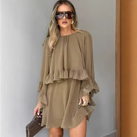 Loose-fit Ruffled-hem Round-neck Long-sleeve Chiffon A-line Dress