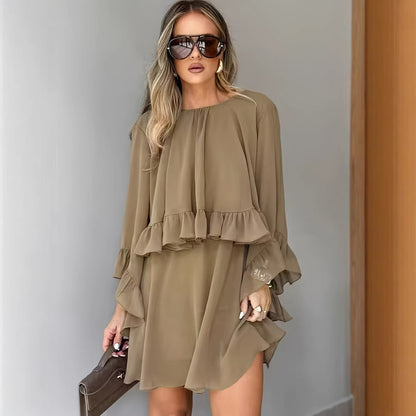 Loose-fit Ruffled-hem Round-neck Long-sleeve Chiffon A-line Dress