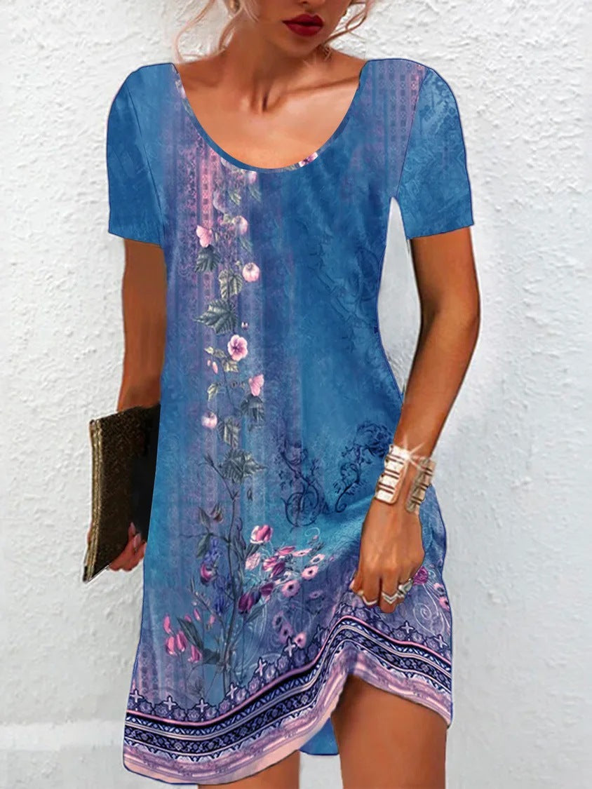 New Summer Floral Print Short-Sleeve Dress For Europe And The US