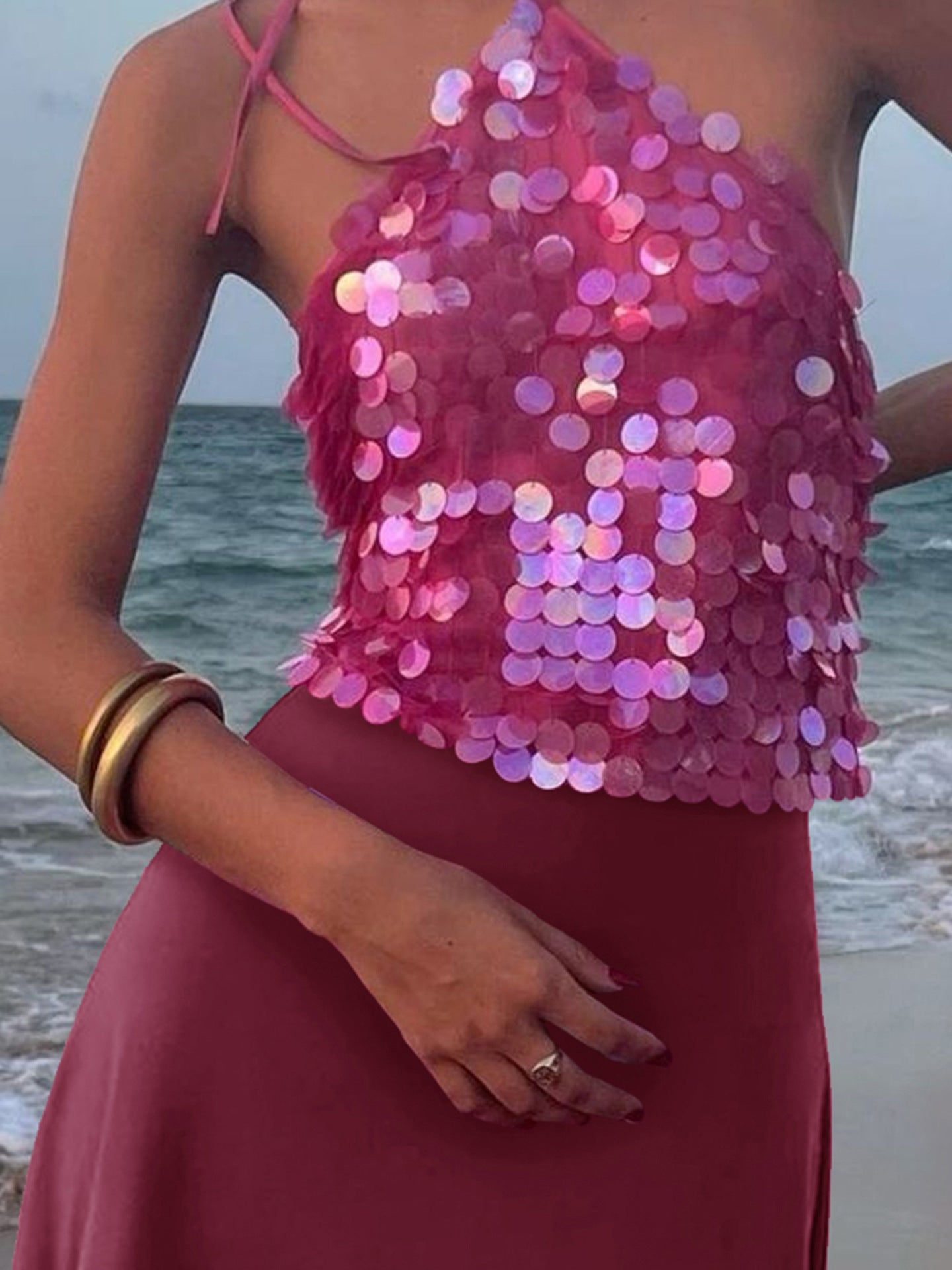 Women's Vibrant Yellow Sequin Halter Neck Camisole Top