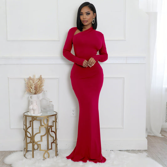 Womens Solid-Color Long-Sleeve Slim-Fit Dress