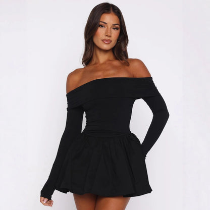Womens Solid-Color Fashion Strapless Long-Sleeve Dress