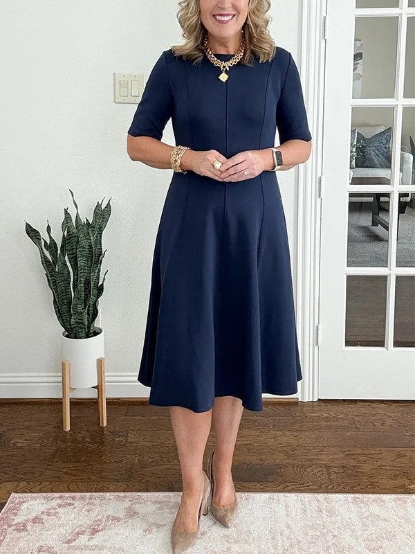 Womens Solid-Color Crew-Neck Short-Sleeve Dress