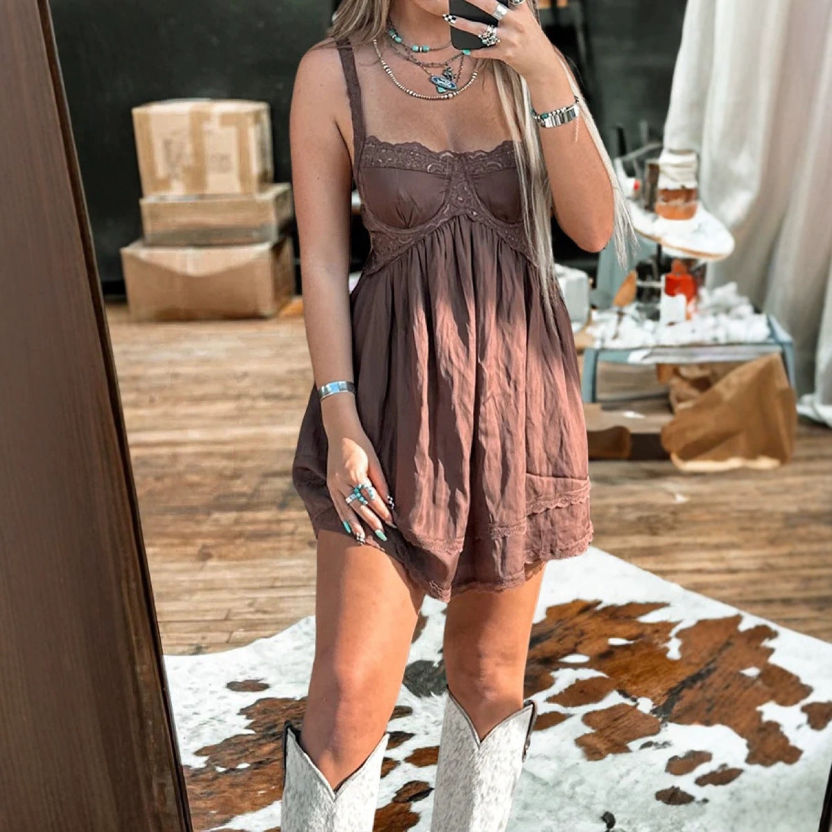 Solid-color Strapless Lace Camisole Dress