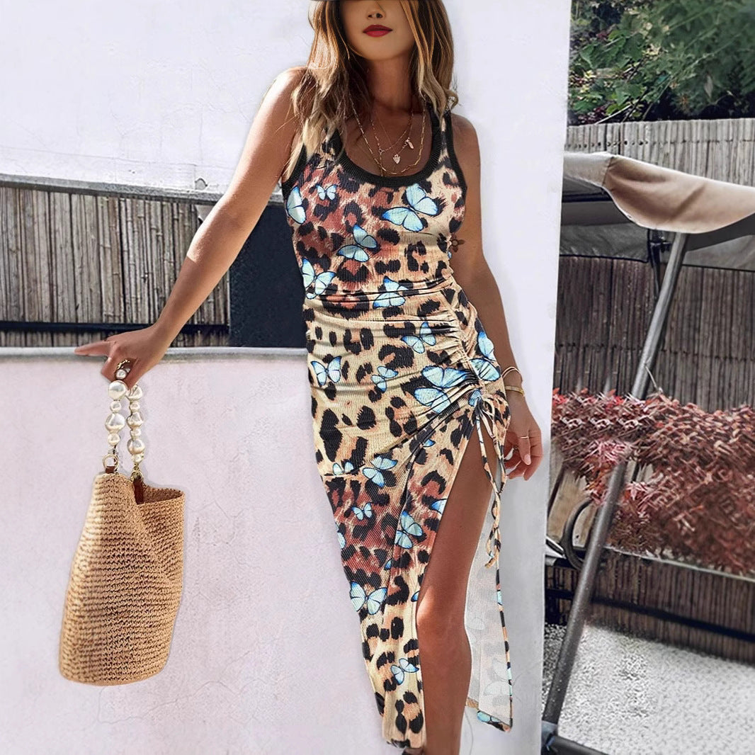 Contrast-color Ribbed Print Drawstring Dress