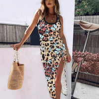 Contrast-color Ribbed Print Drawstring Dress