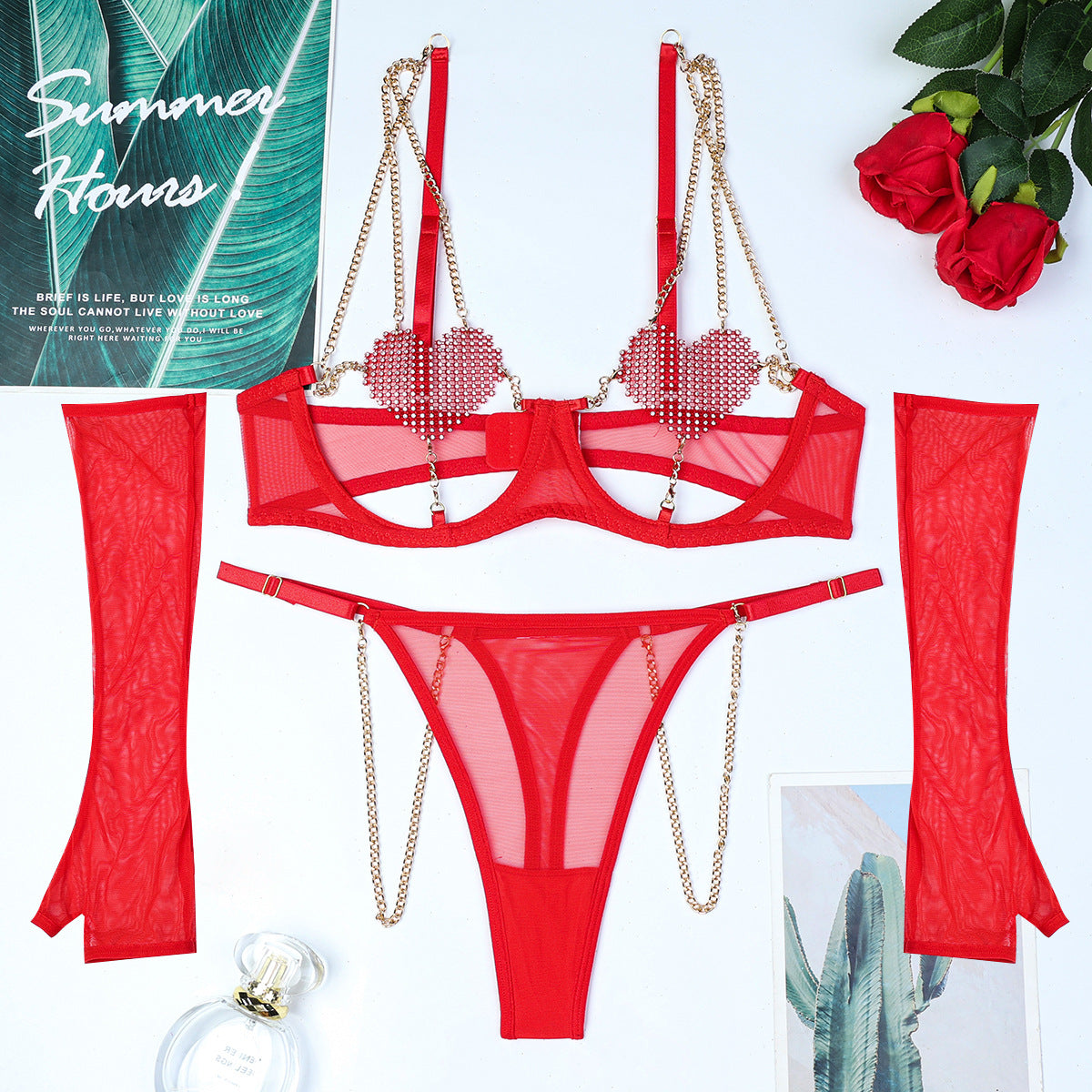 Christmas Festival Red Metal Chain Underwear Four-piece Set