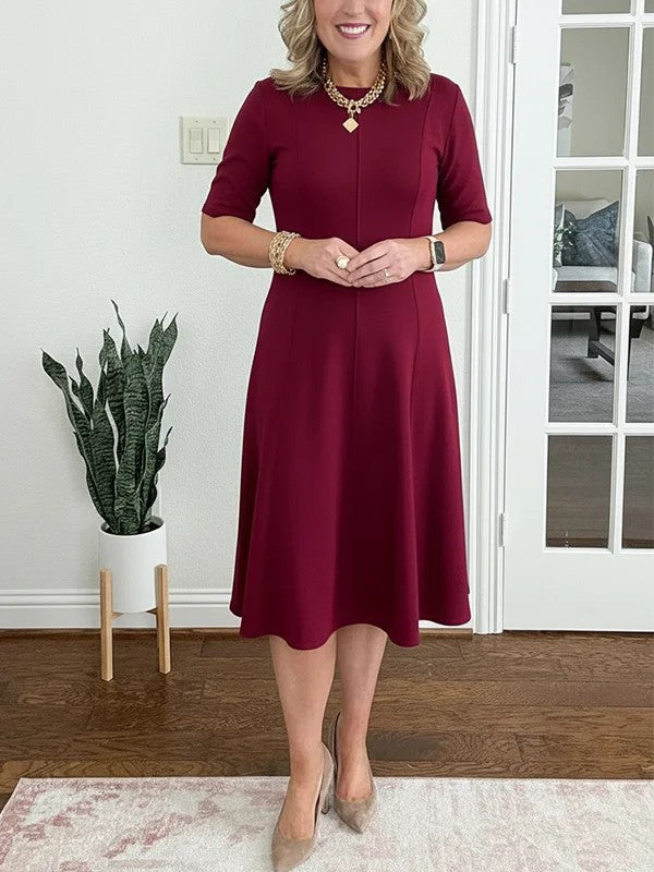 Womens Solid-Color Crew-Neck Short-Sleeve Dress