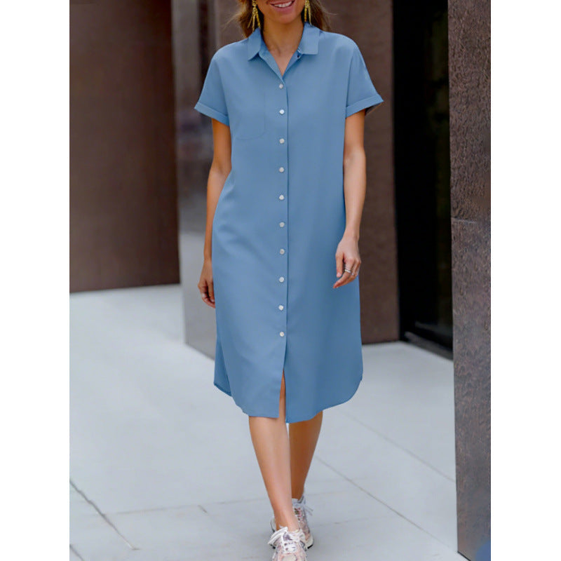 Mid-length Button-up Shirt Dress With A Lapel Collar