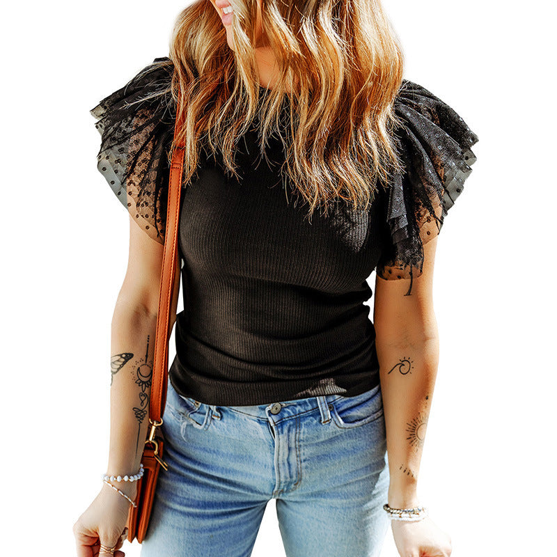 Women's Ruffle Sleeve Pullover Solid Color Short Sleeve Simple Top