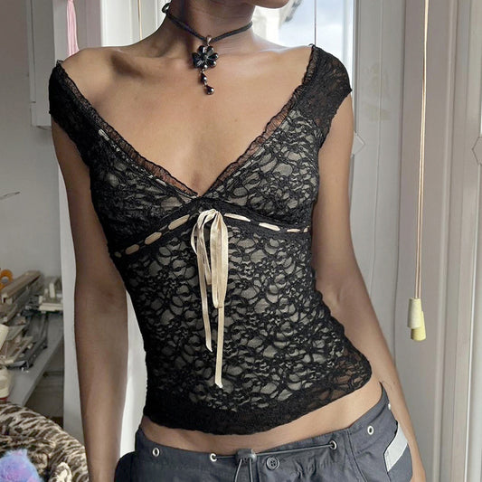 Hot Girl Style V-neck Slim Fit Bare Back Self-tie Lace Sleeveless T-shirt Top