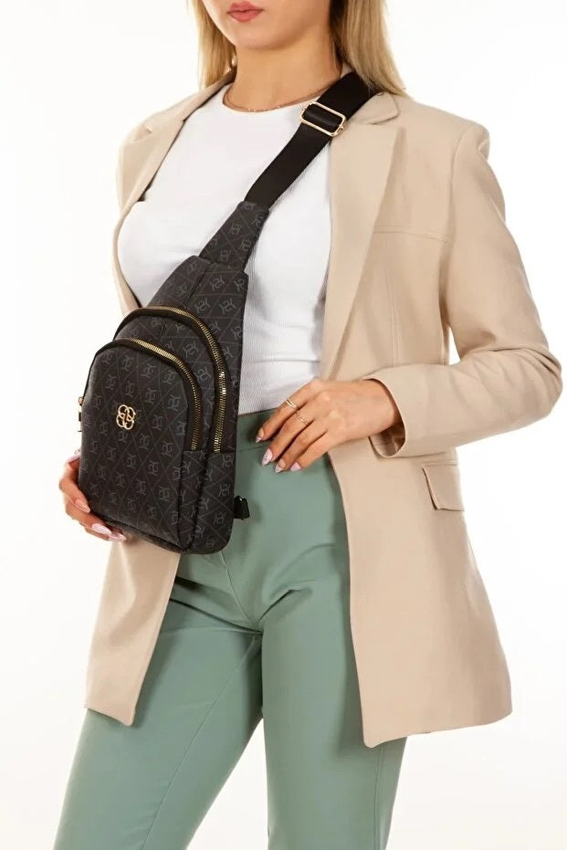 Women Black Leather Monogram  Shoulder Bag