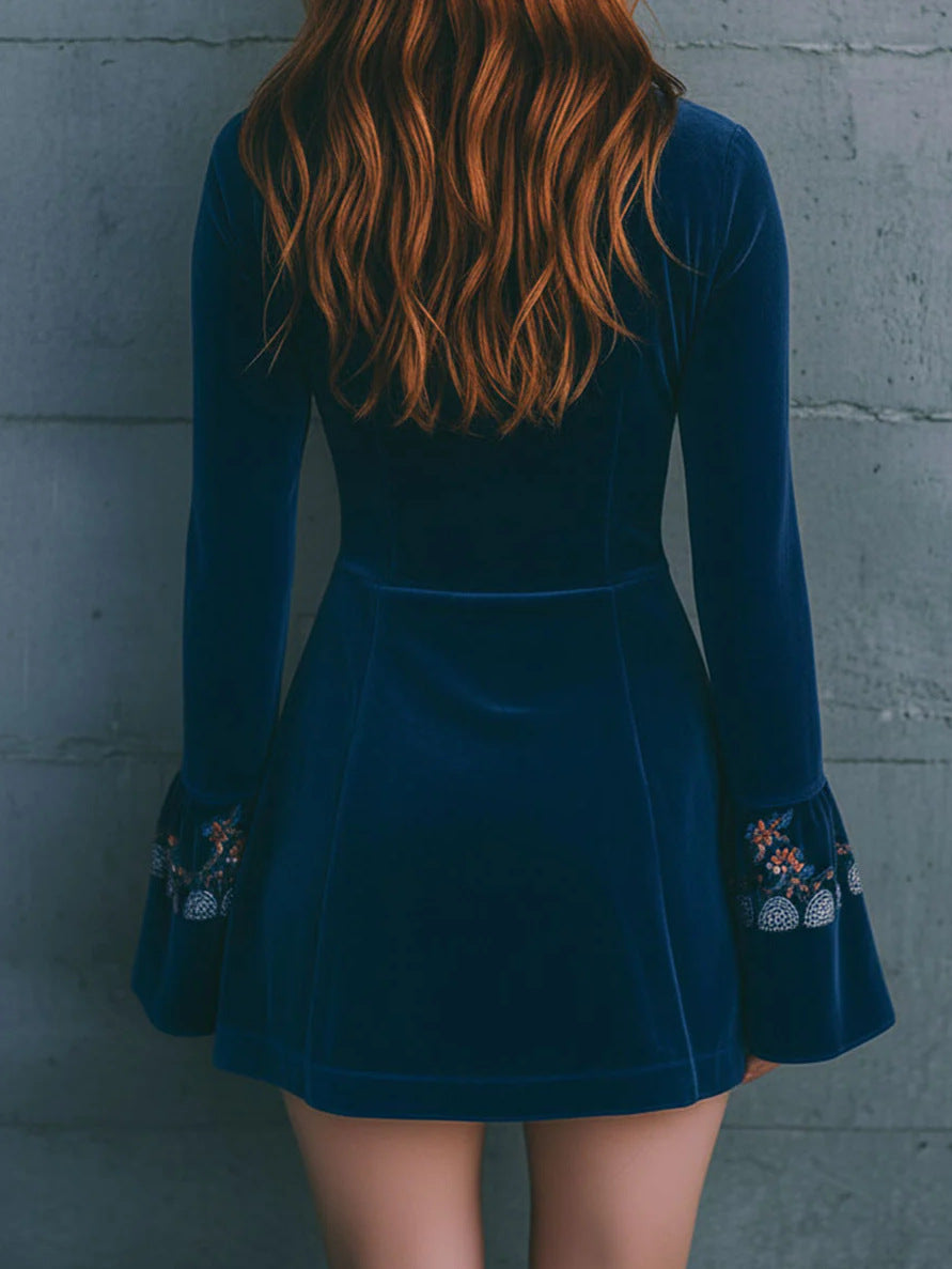 Female Zipper V-neck Blue Embroidered Dress