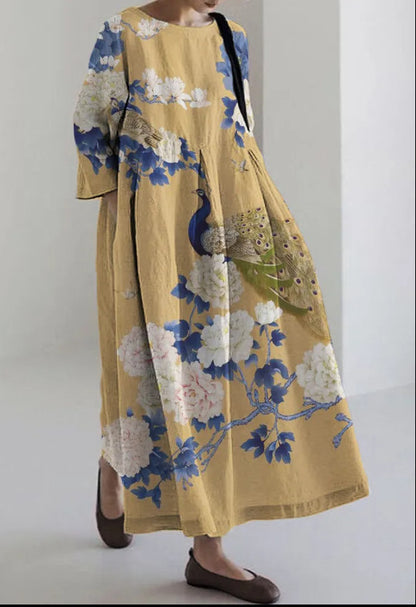Retro Floral Pocketed Loose Womens Printed Maxi Dress