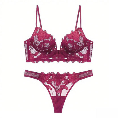 European And American Underwear Gathered Deep V Three-dimensional Embroidery Mesh