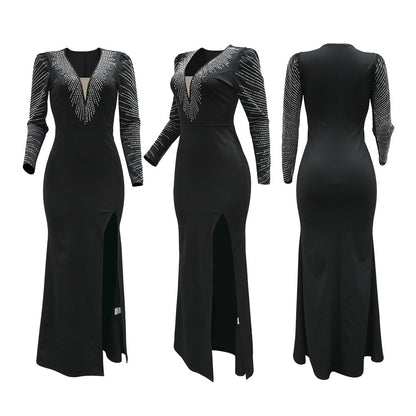 European And American-style Evening Gown With Deep V-neck And High Slit Womens Dress
